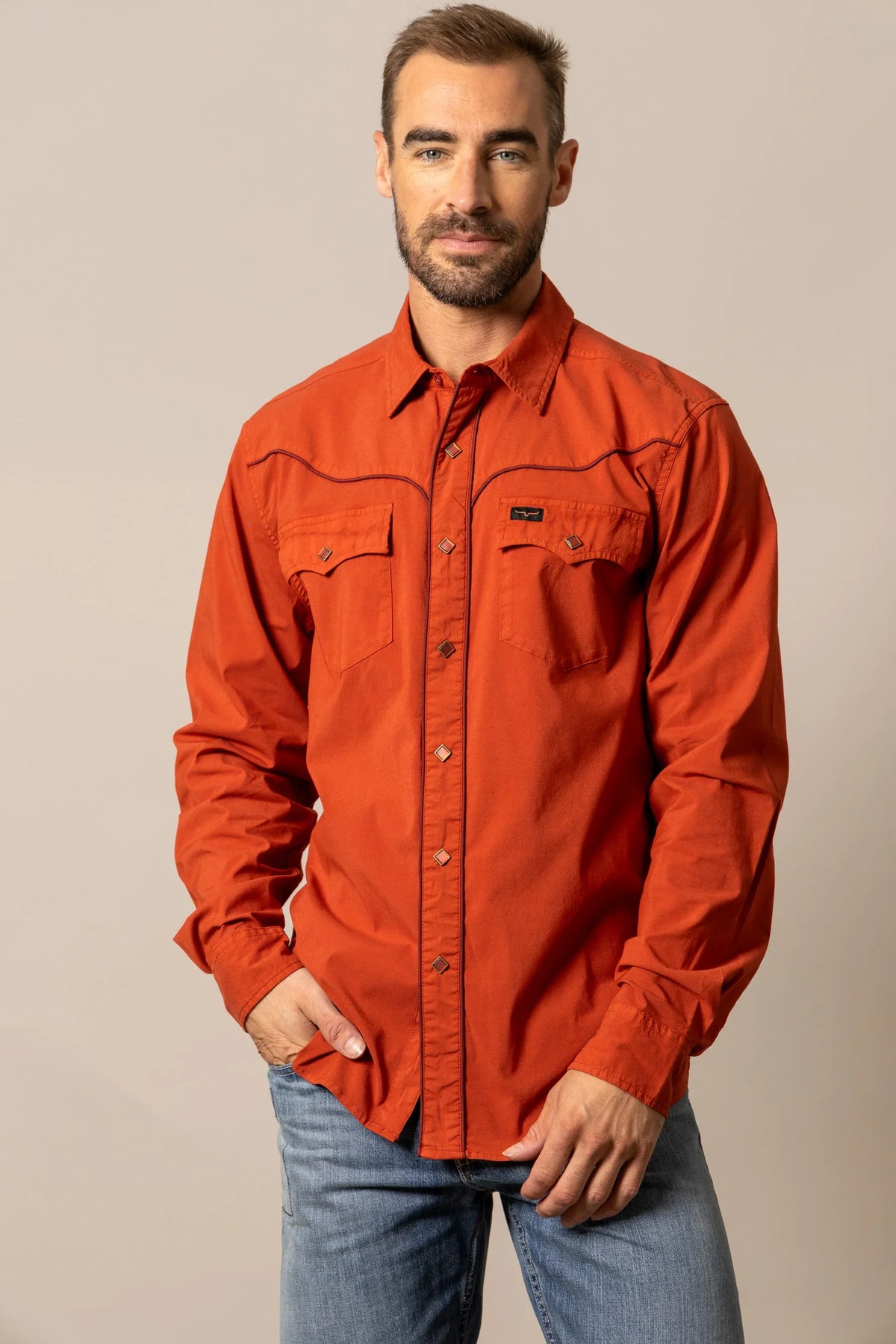 Kimes Ranch El Toro dress shirt in Brick Red with contrast stitching and two chest pockets