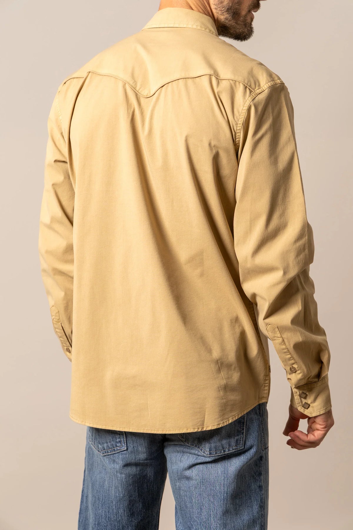 Kimes Ranch El Toro dress shirt in Sand, back view, with a back yoke and long sleeves