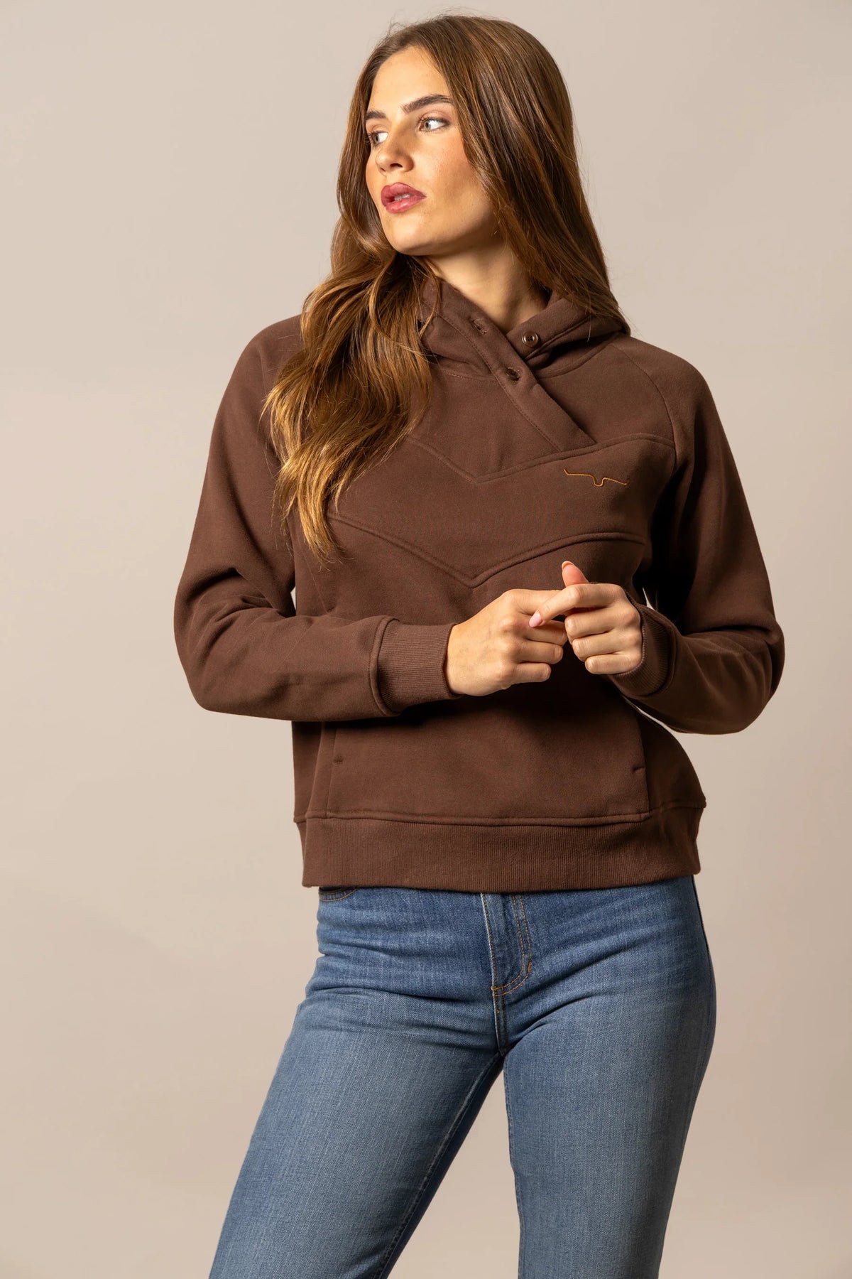 Kimes Ranch Ella hoodie in Brown with a kangaroo pocket and embroidered logo