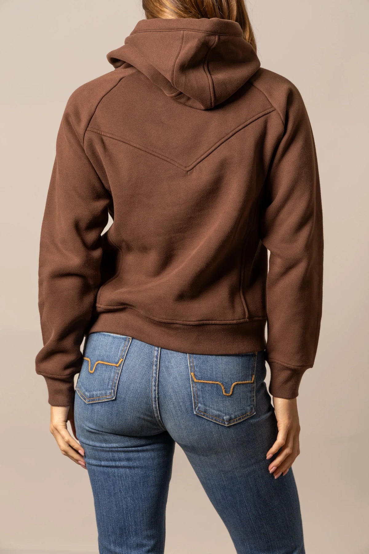 Kimes Ranch Ella hoodie in Brown, back view, with a back yoke and long sleeves