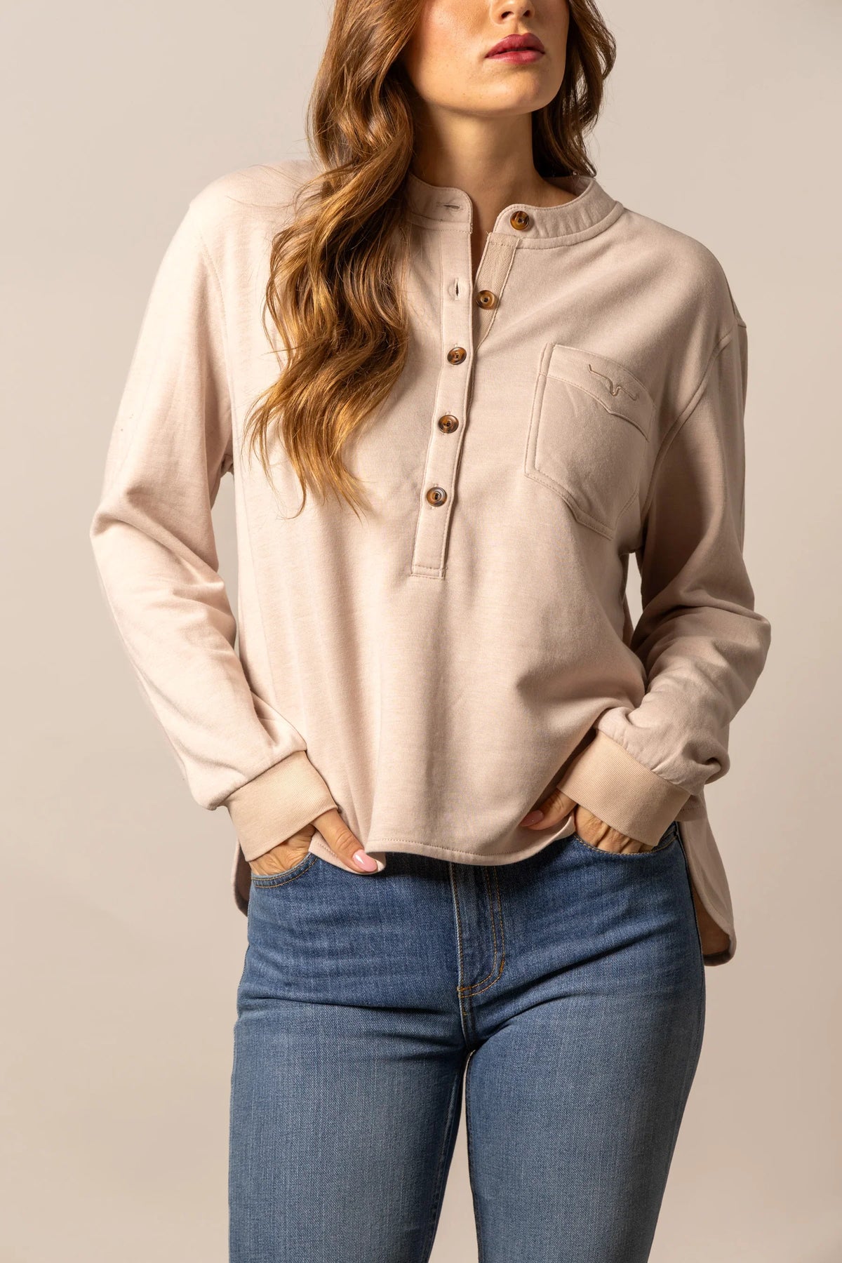 Kimes Ranch Elouise Henley sweater in Natural with a button placket and chest pocket