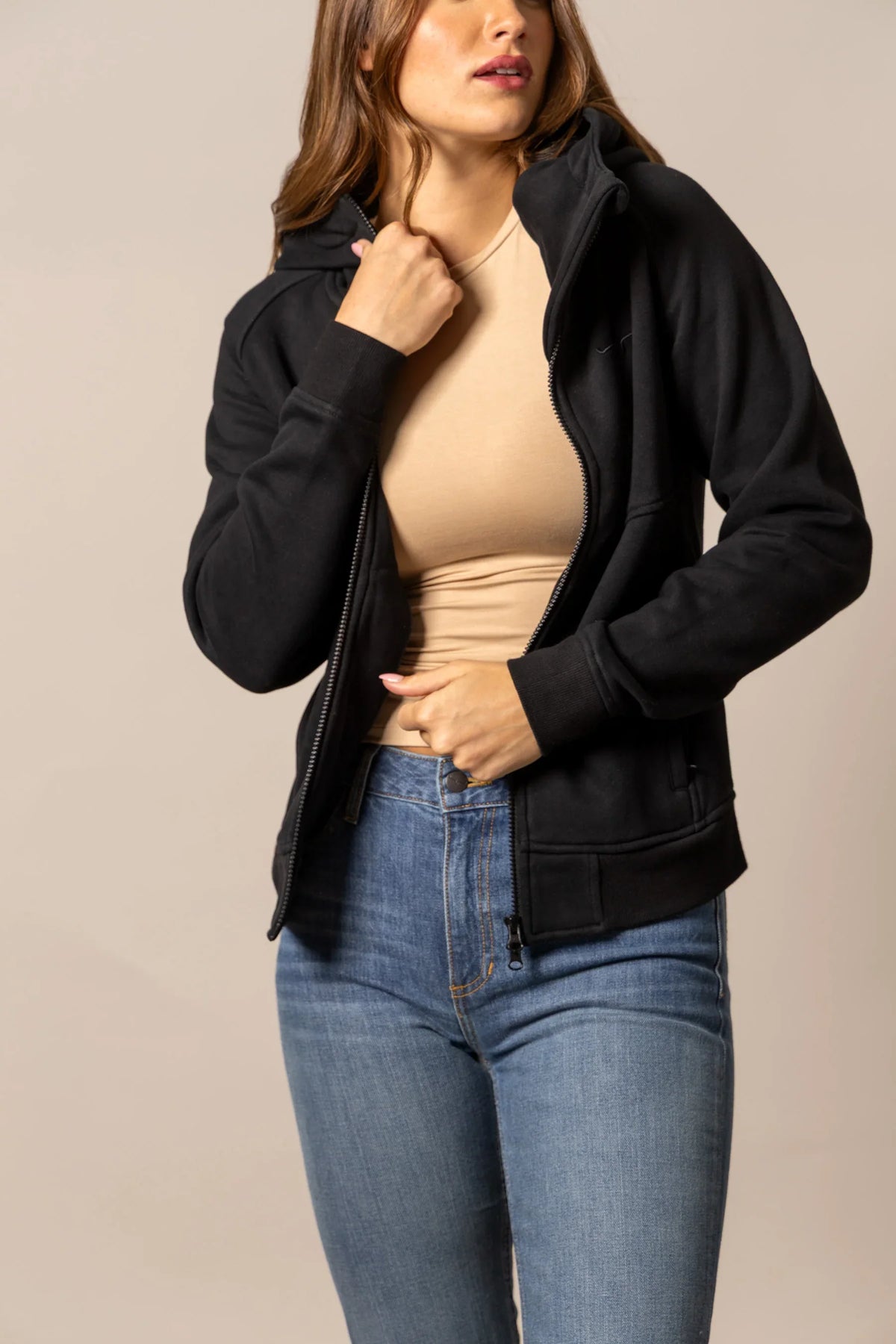 Kimes Ranch Emma Hoodie in Black with a front zip, kangaroo pocket, and embroidered logo