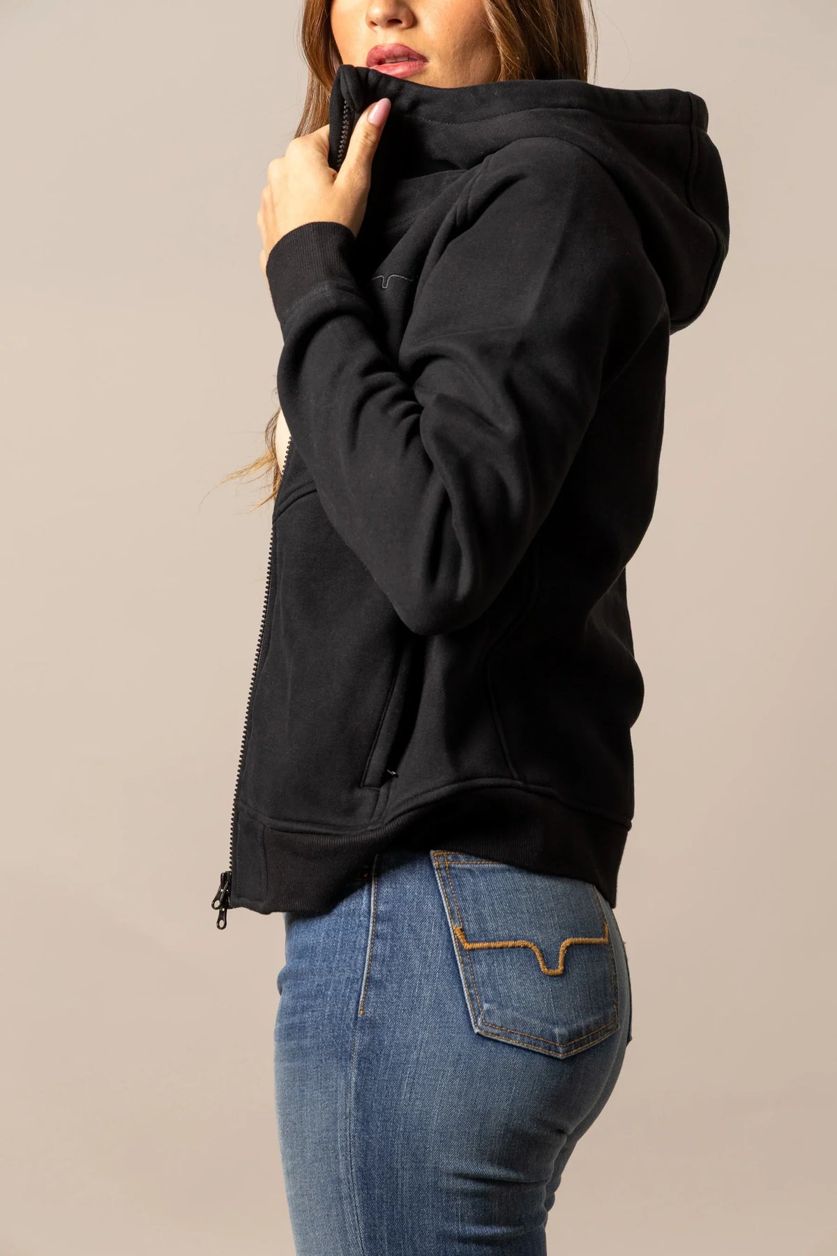 Kimes Ranch Emma Hoodie in Black, side view, with a zip front and side pockets
