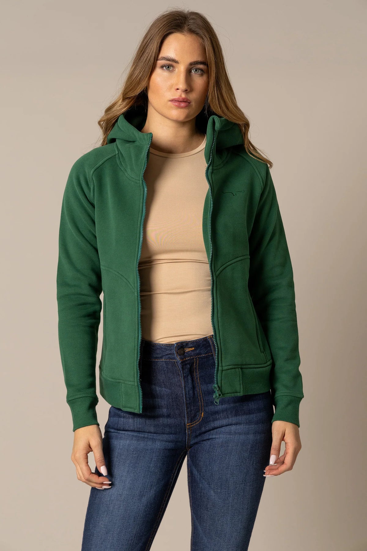 Kimes Ranch Emma Hoodie in Forest with a front zip, kangaroo pockets, and the Kimes Ranch logo on the chest