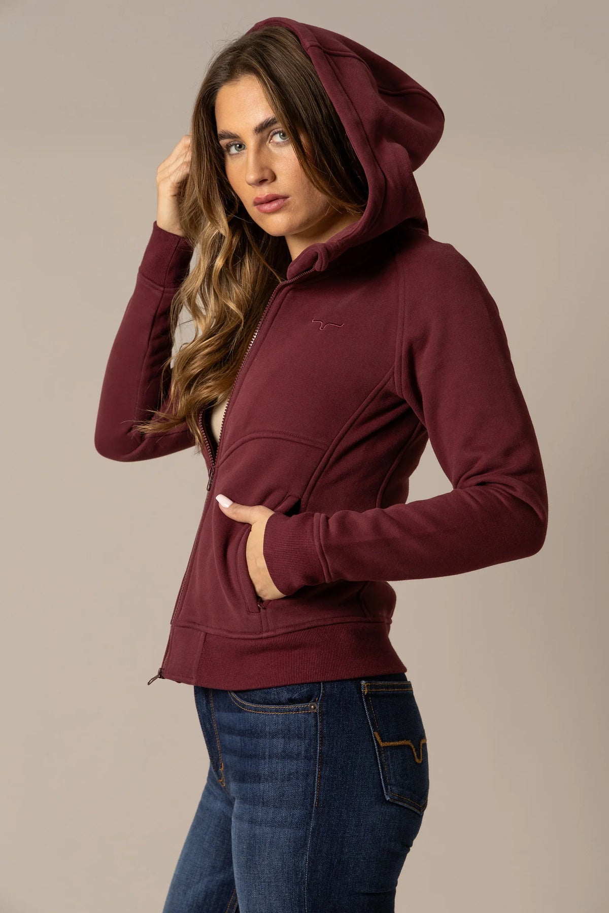 Kimes Ranch Emma Hoodie in Maroon, side view, with a front zip, kangaroo pocket, and embroidered logo
