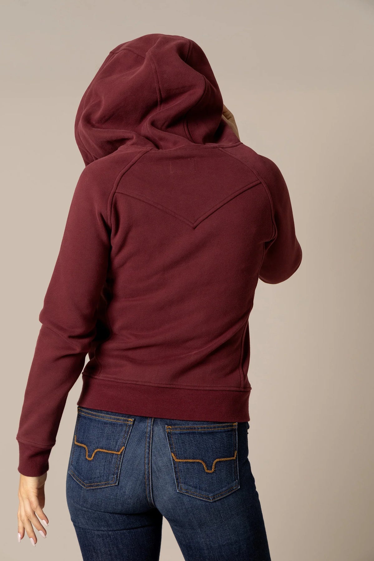 Kimes Ranch Emma Hoodie in Maroon, back view, with a back yoke seam and long sleeves