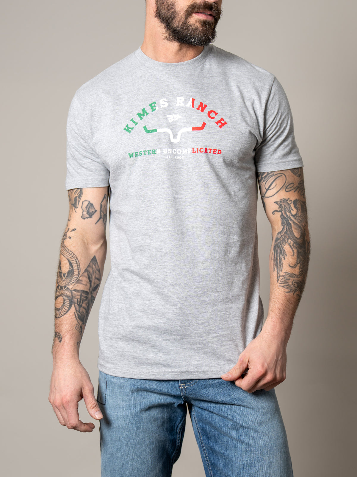 Kimes Ranch Establecido En 2009 shirt in Heather Grey with a graphic featuring the brand name and the Kimes Ranch logo