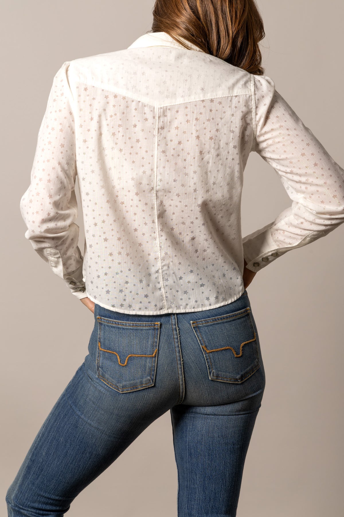 Kimes Ranch Etoile top in Pristine, back view, with a star print and back yoke