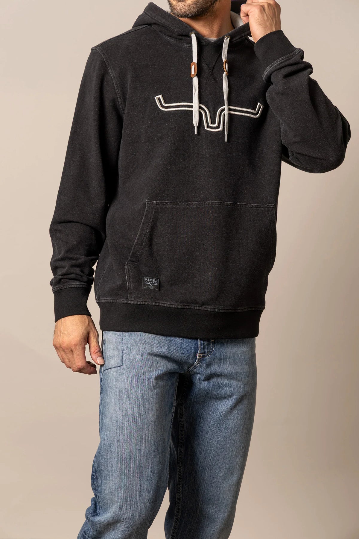 Kimes Ranch FTI Hoodie in Faded Black with embroidered steer logo and kangaroo pocket