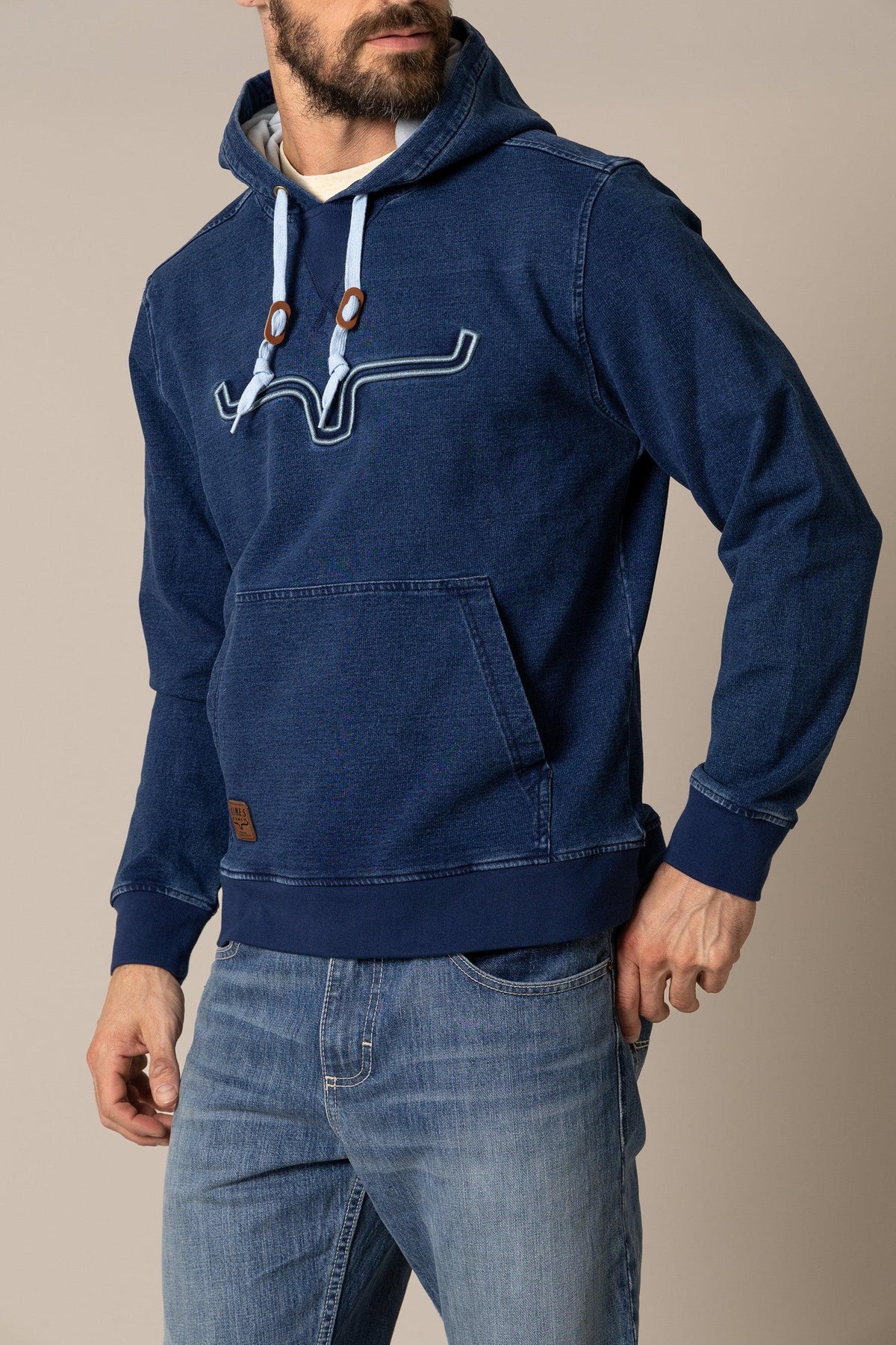 Kimes Ranch FTI Hoodie in Indigo with a longhorn logo and front kangaroo pocket