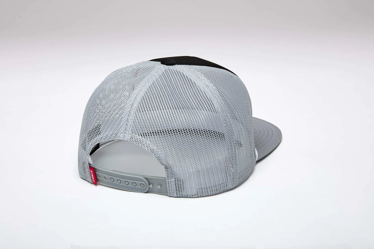 Kimes Ranch Faded, back view, Grey mesh trucker hat with black front panel and adjustable snap closure