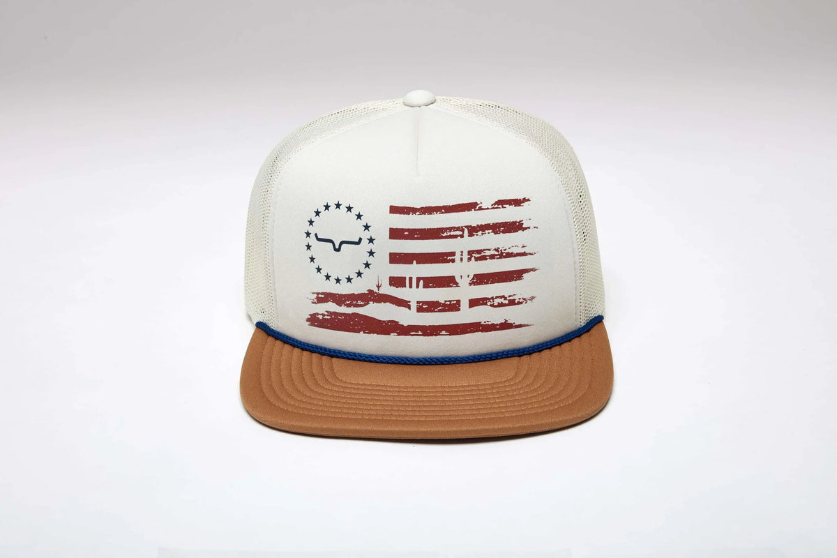 Kimes Ranch Faded trucker hat in Natural with a distressed red flag graphic and tan brim