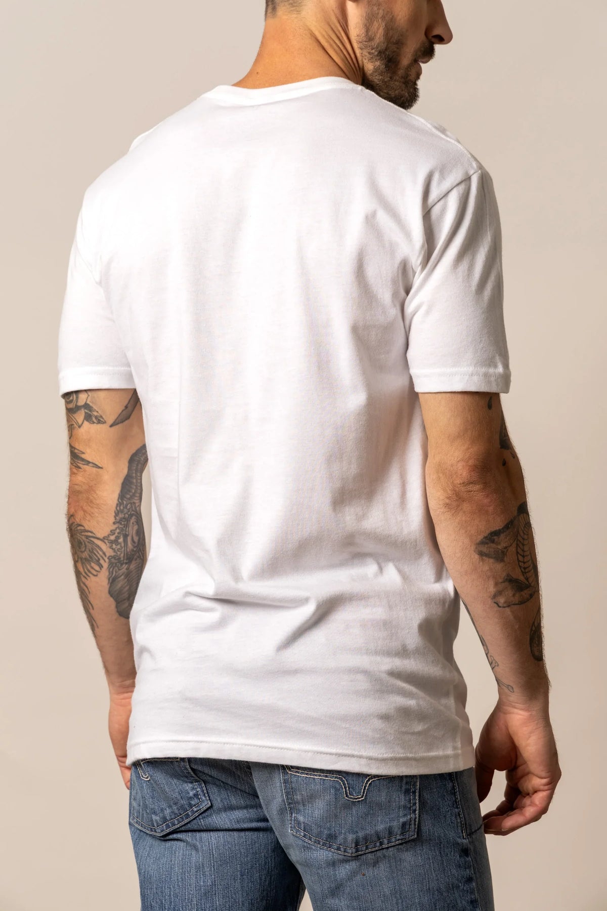 Kimes Ranch Faded shirt in White, back view, with short sleeves and a crew neck