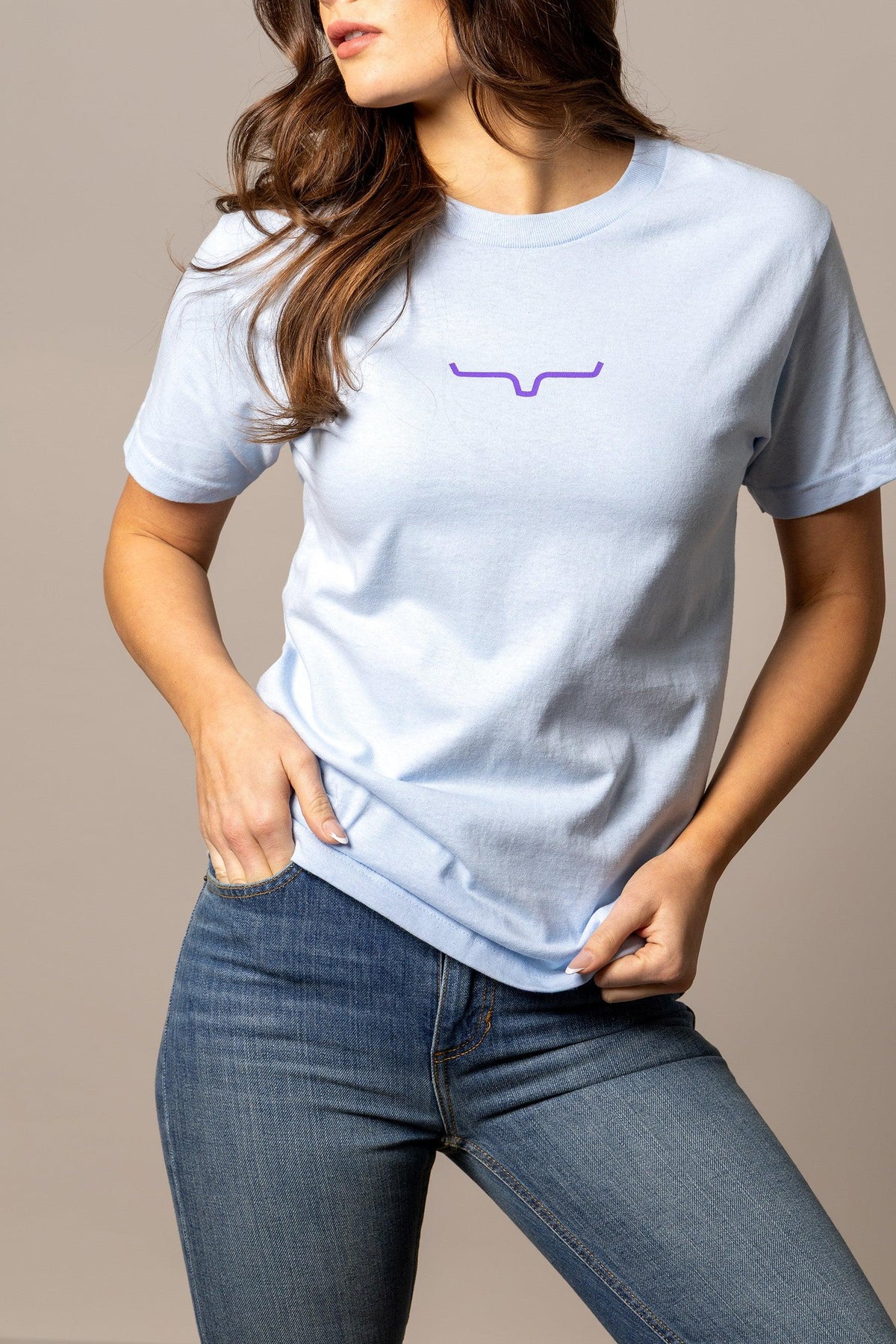 Kimes Ranch Fallon Bandana shirt in Baby Blue with a purple logo on the chest