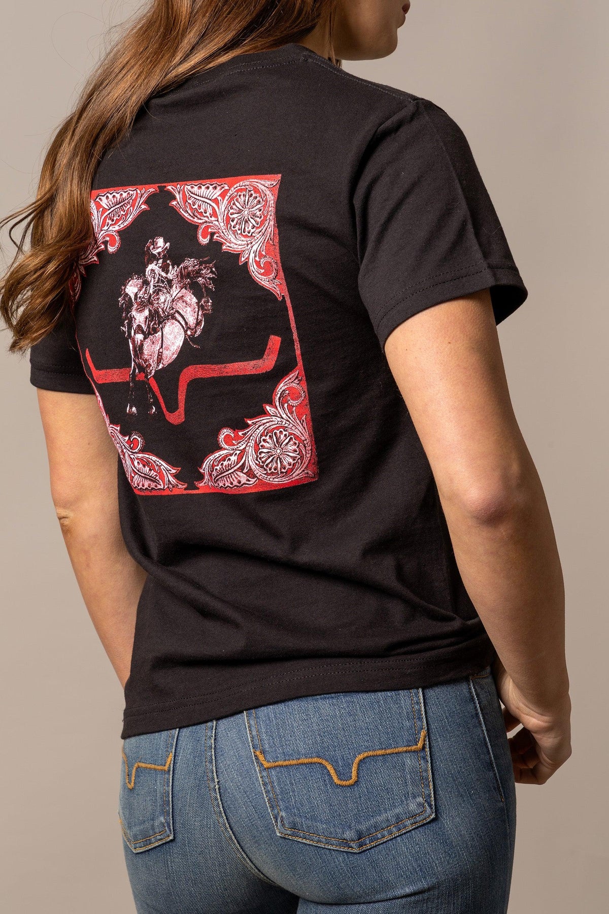 Kimes Ranch Fallon Bandana shirt in Black, back view, with a red and white bandana print of a cowboy on a bucking horse