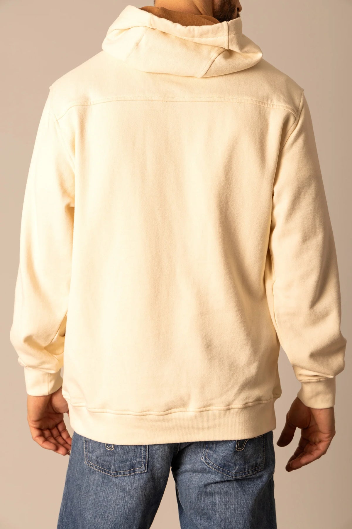 Kimes Ranch Fast Talker Hoodie in Natural, back view, with a back yoke seam and ribbed cuffs