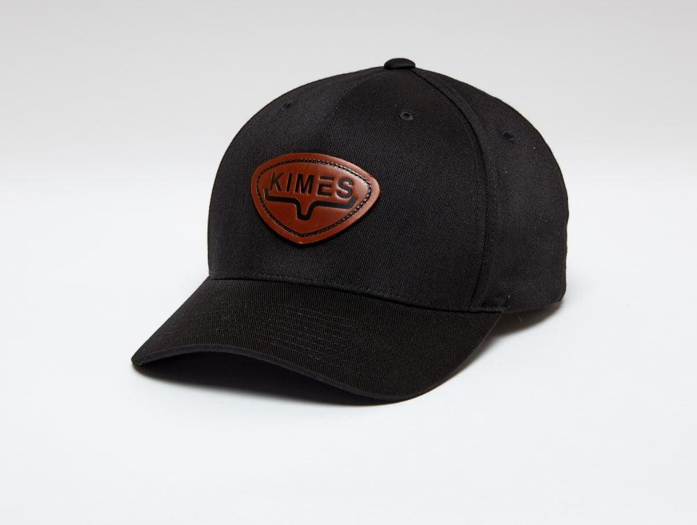 Kimes Ranch Fender Hat in Black with a brown logo patch on the front