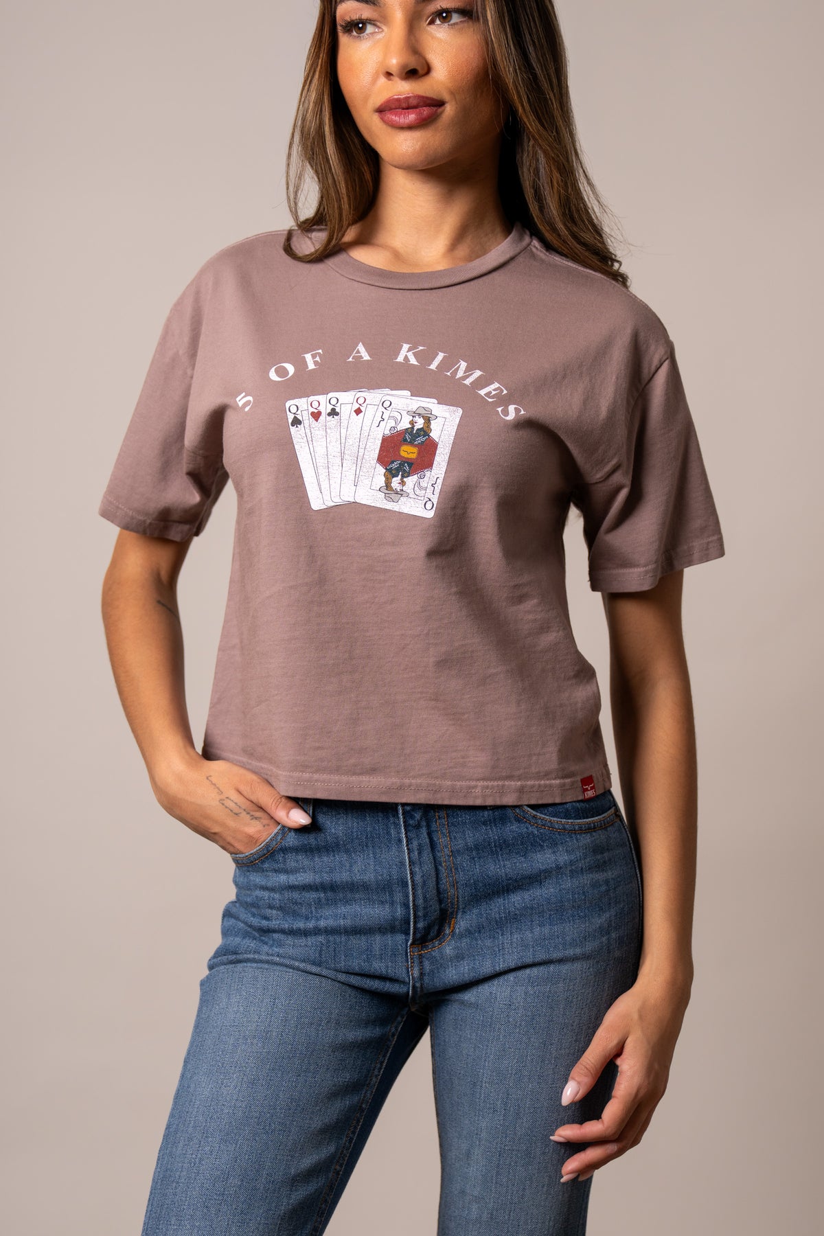 Kimes Ranch 5 Of A Kimes shirt in Mocha with a graphic of five queens and the text 5 OF A KIMES