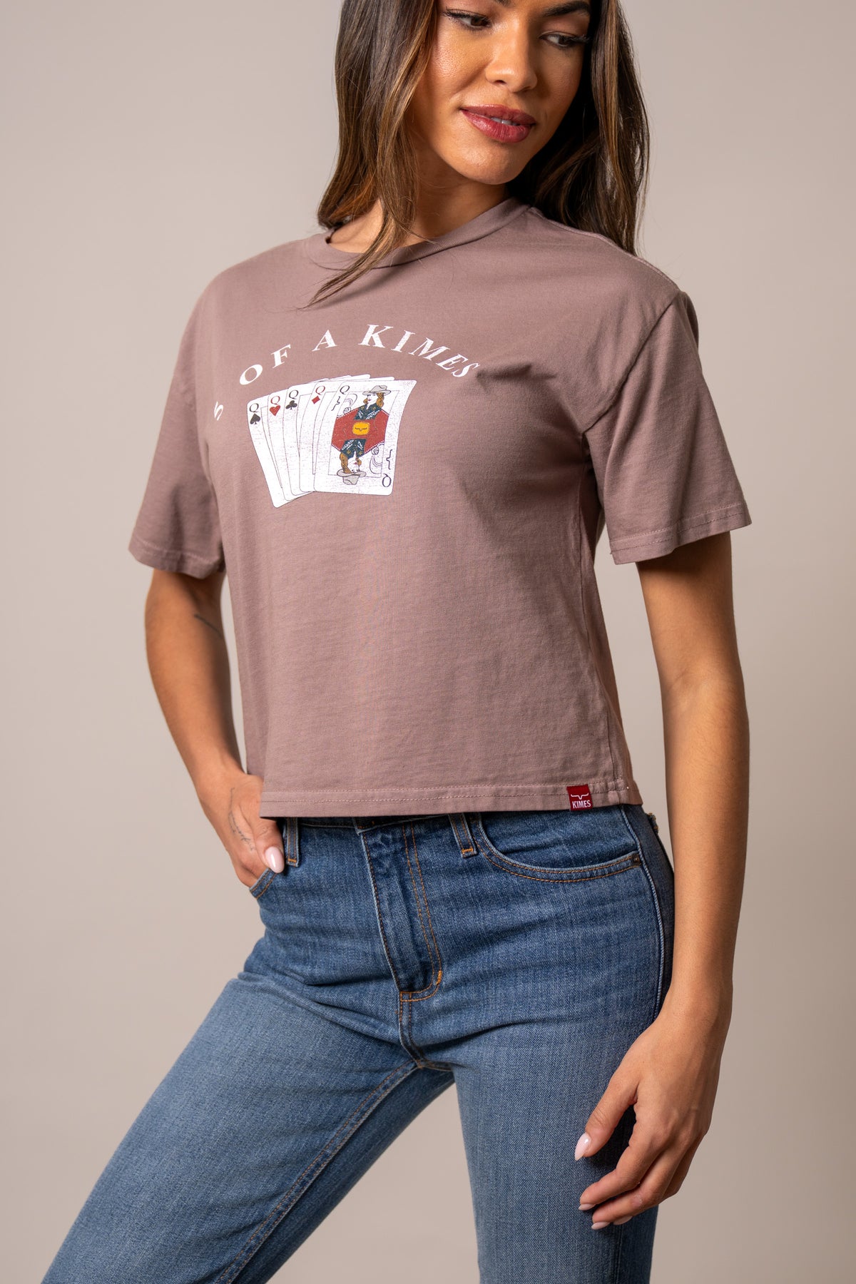 Kimes Ranch 5 Of A Kimes shirt in Mocha with a graphic of playing cards and the text 5 OF A KIMES