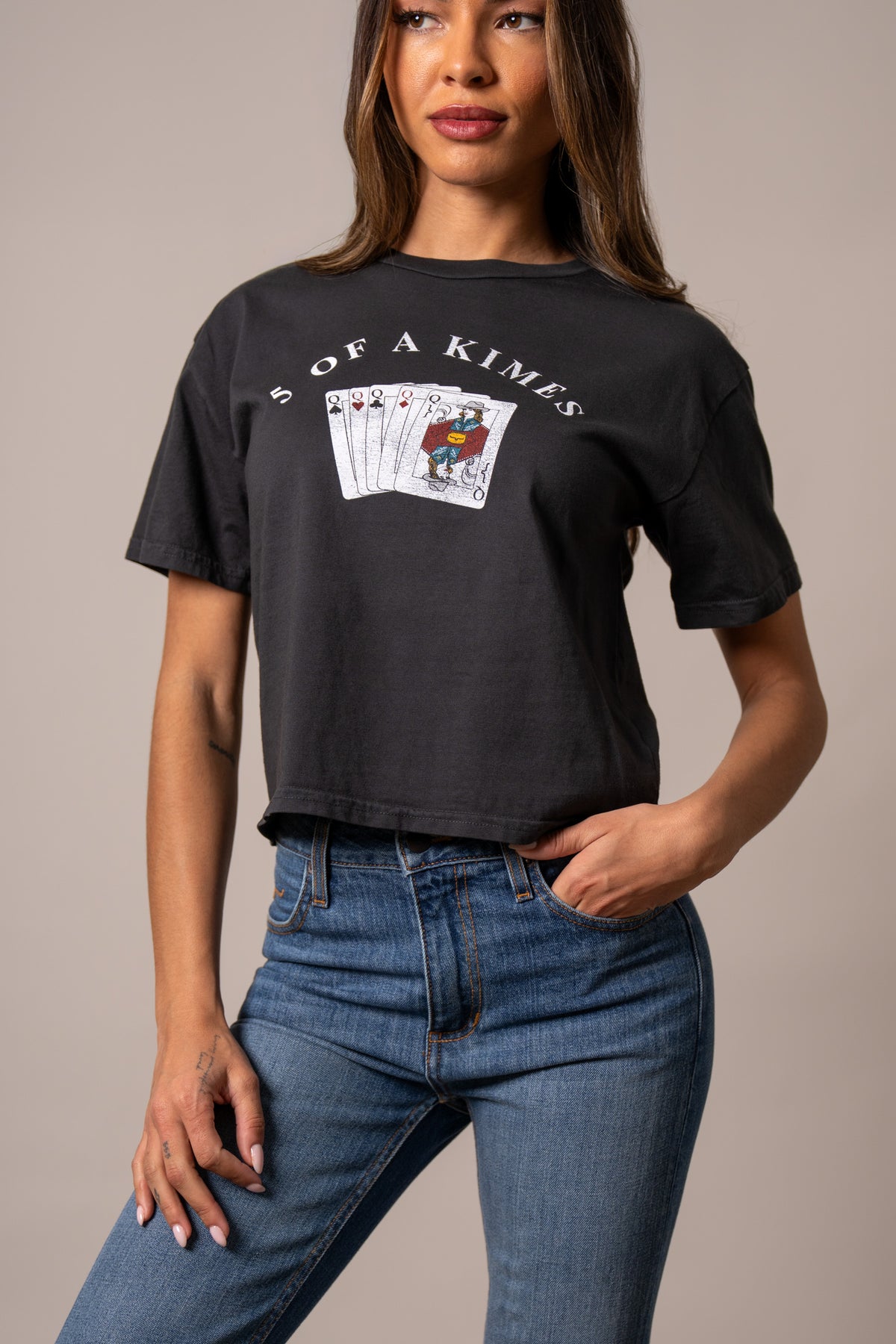 Kimes Ranch 5 Of A Kimes shirt in Graphite with a graphic of five playing cards and the text 5 OF A KIMES