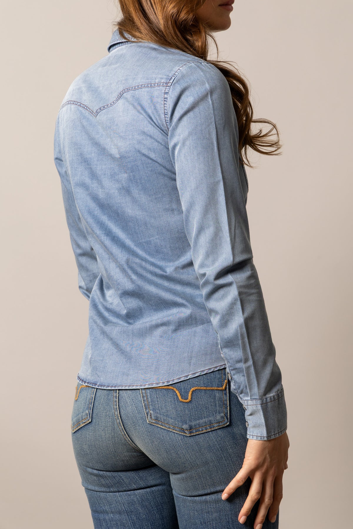 Kimes Ranch Flinn top in Indigo, back view, with a back yoke and long sleeves