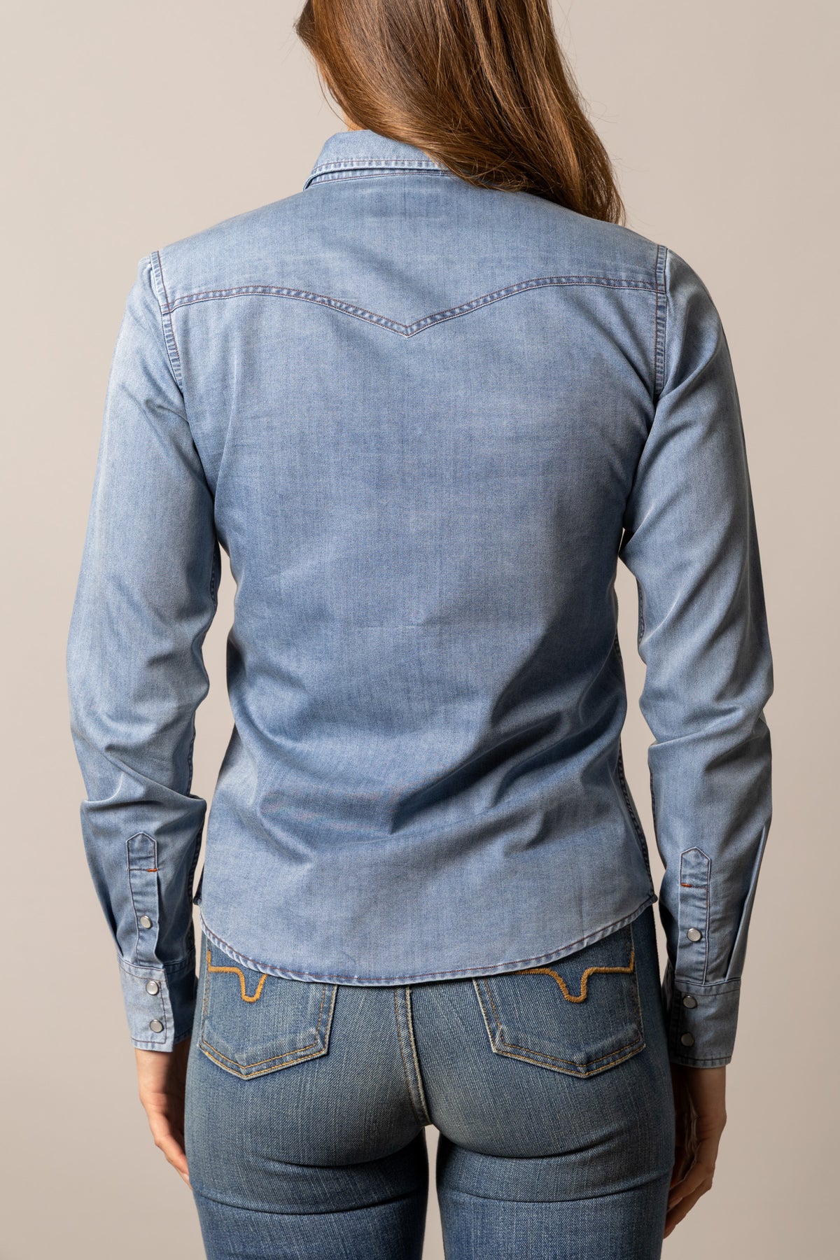 Kimes Ranch Flinn top in Indigo, back view, with a back yoke and long sleeves