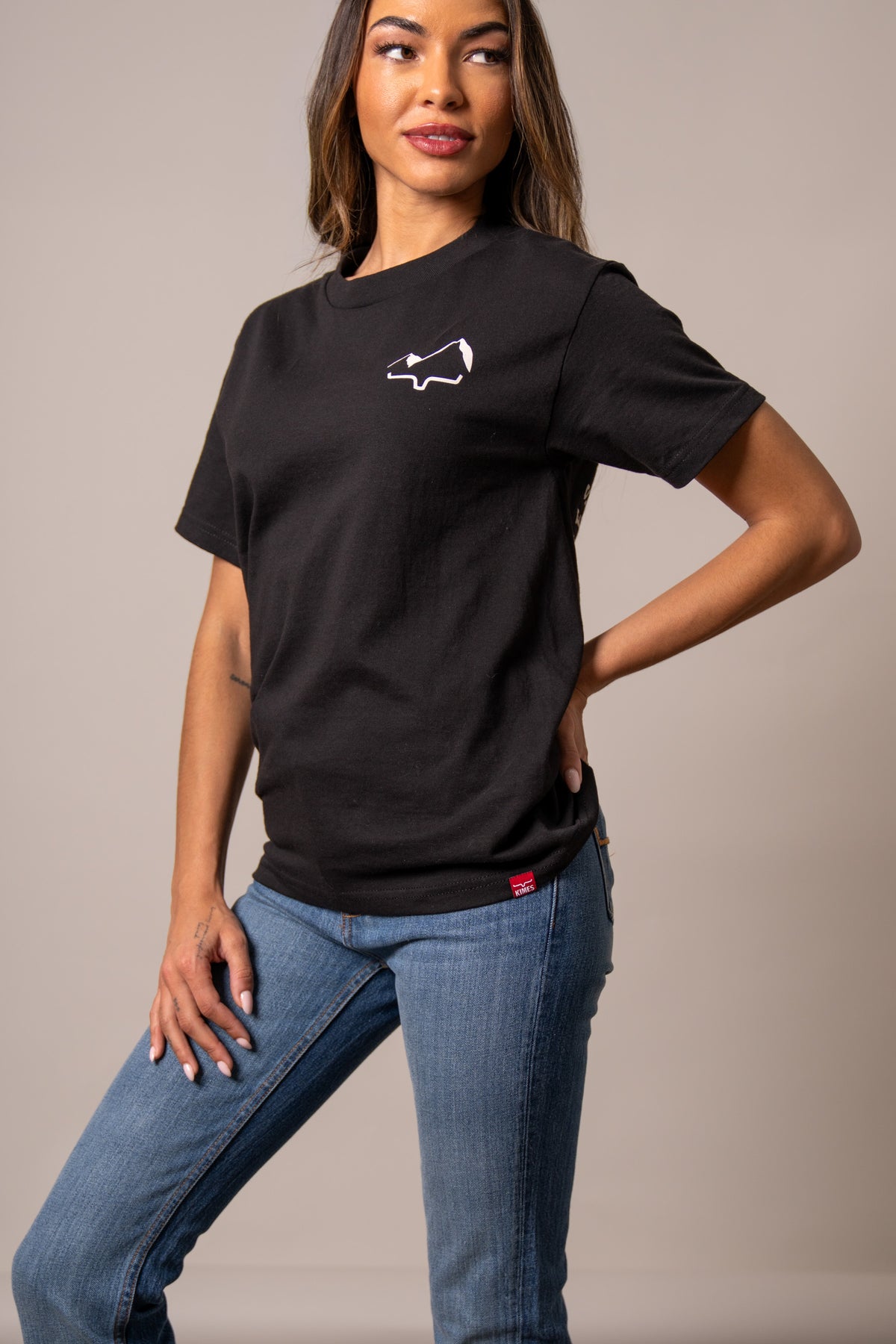 Kimes Ranch Flying High Black short sleeve shirt with a white Kimes Ranch logo on the chest