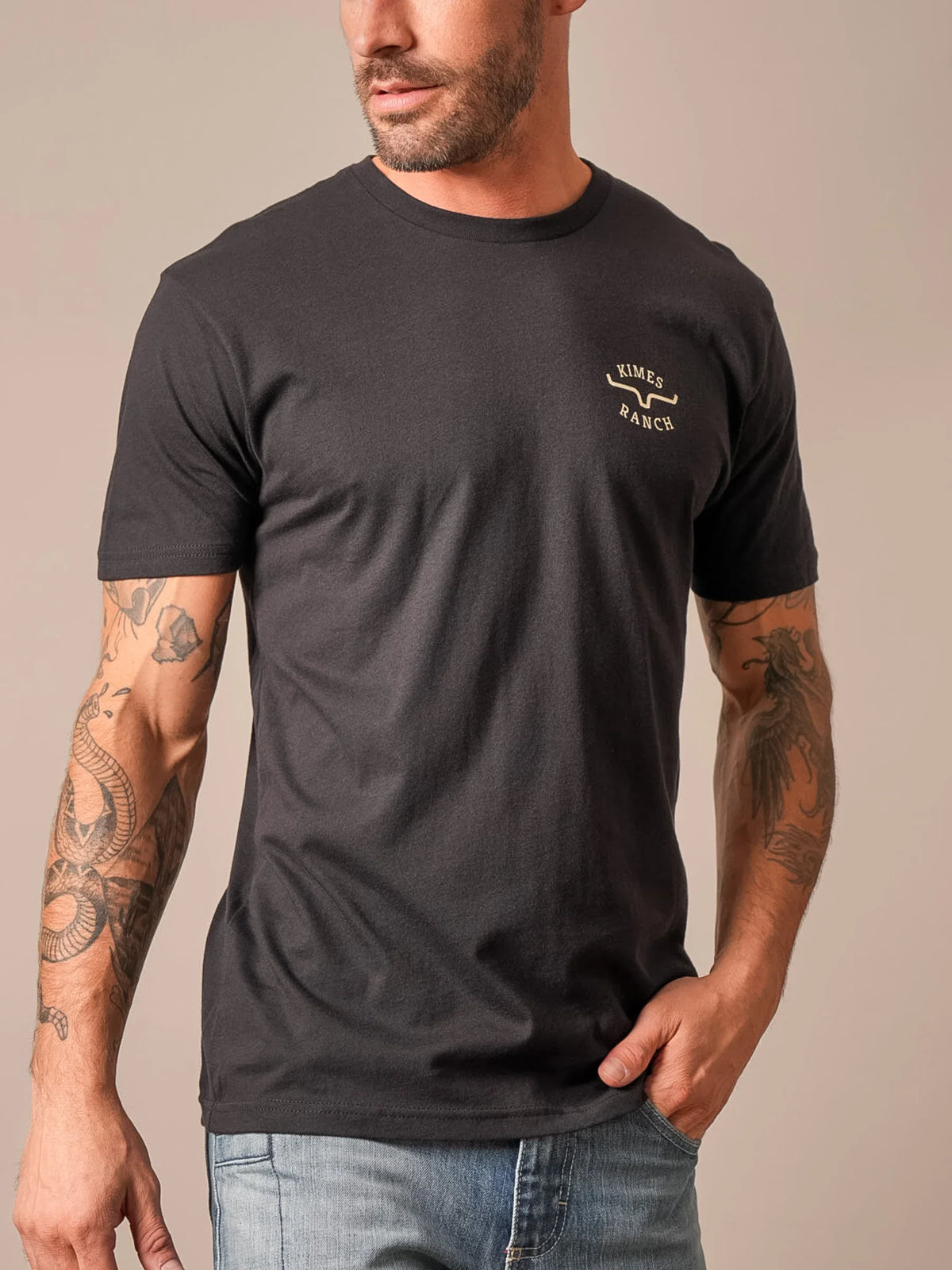 Kimes Ranch Flying High shirt in Black with a crew neck and short sleeves and the Kimes Ranch logo on the chest