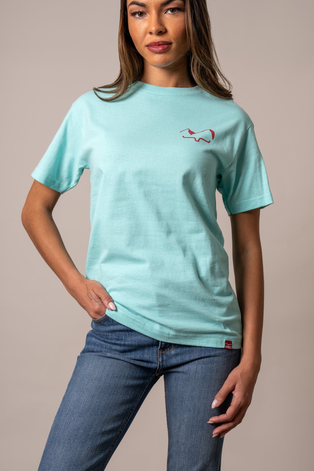 Kimes Ranch Flying High shirt in Light Blue with a red logo on the chest