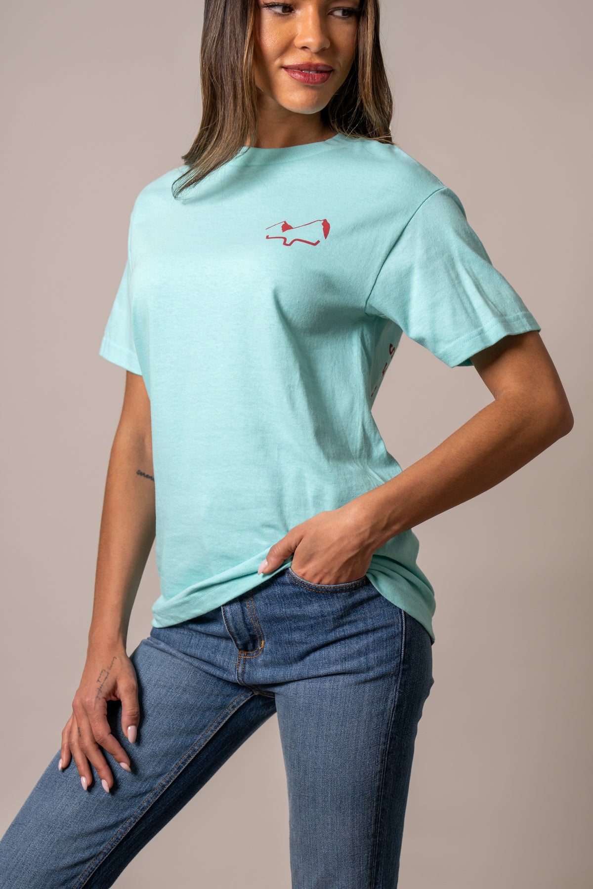 Kimes Ranch Flying High shirt in Light Blue with a red logo on the chest