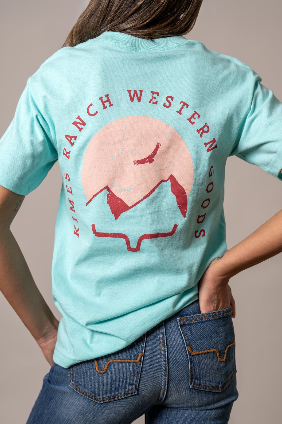 Kimes Ranch Flying High shirt in Light Blue, back view, with a back graphic of mountains