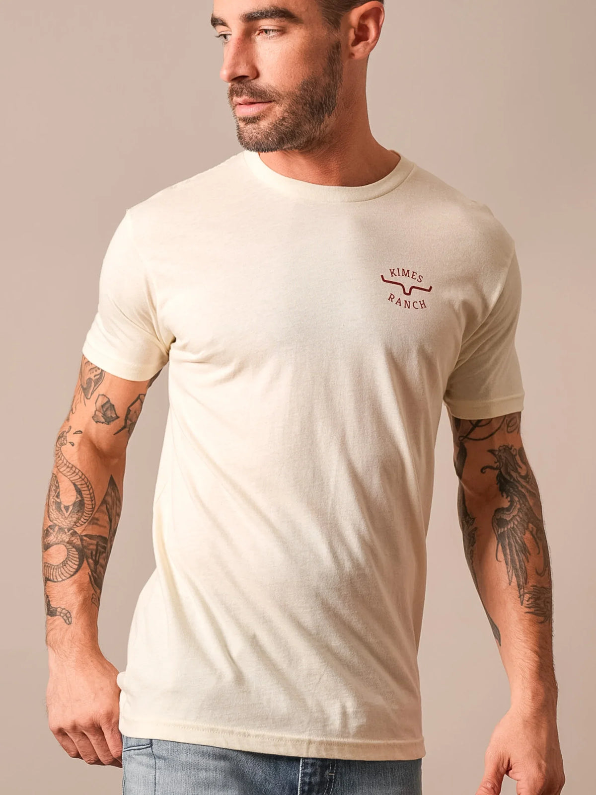 Kimes Ranch Flying High short sleeve crewneck shirt in Natural with a chest logo