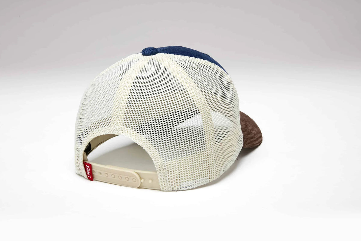 Kimes Ranch Fourteen, back view, hat with navy front panels and cream mesh back with brown brim