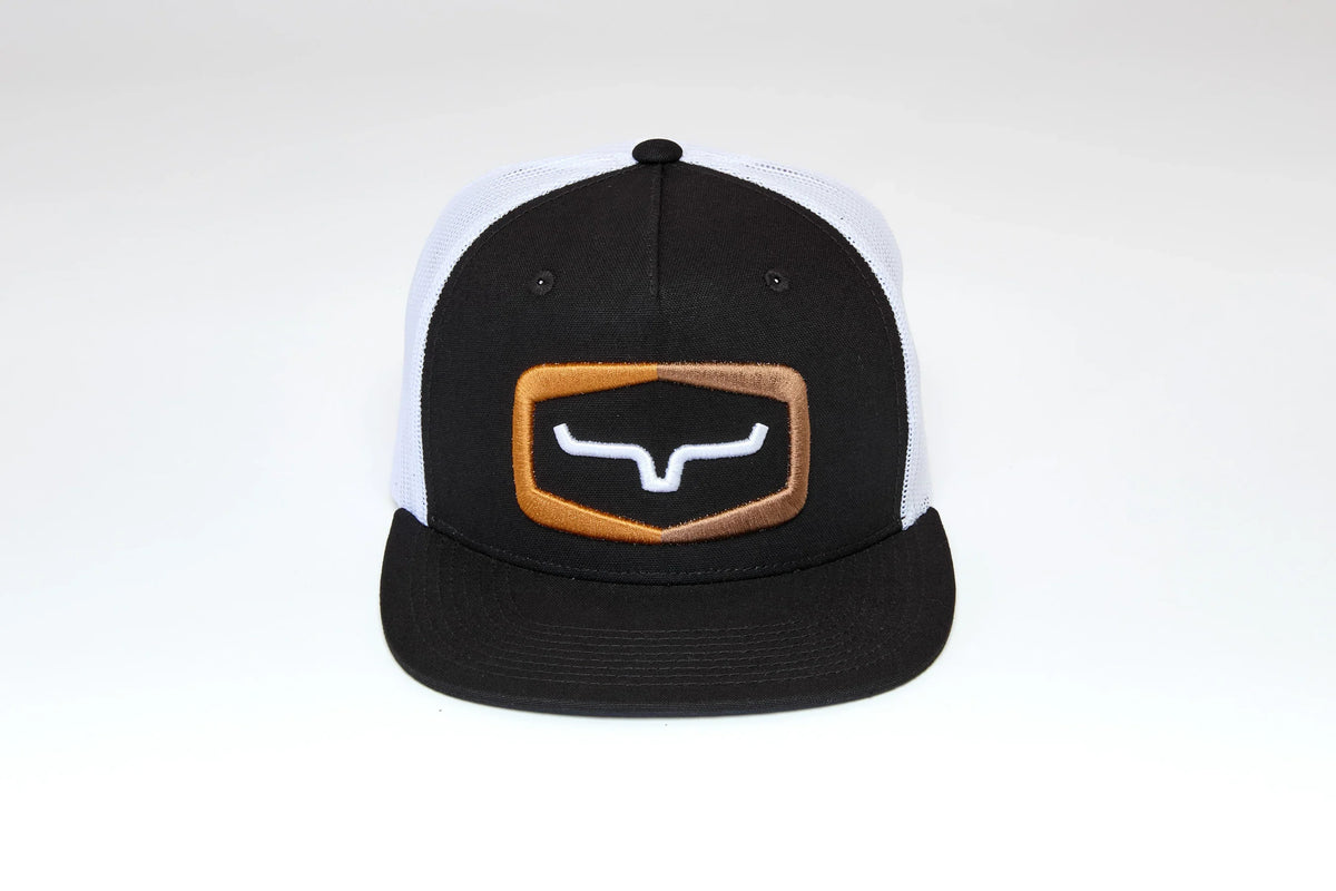 Kimes Ranch Framework hat in Black with a white mesh back and a brown and white logo on the front
