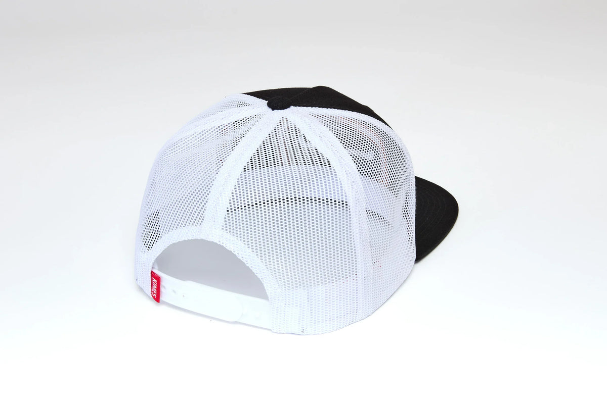 Kimes Ranch Framework hat in Black, back view, with white mesh back and adjustable strap