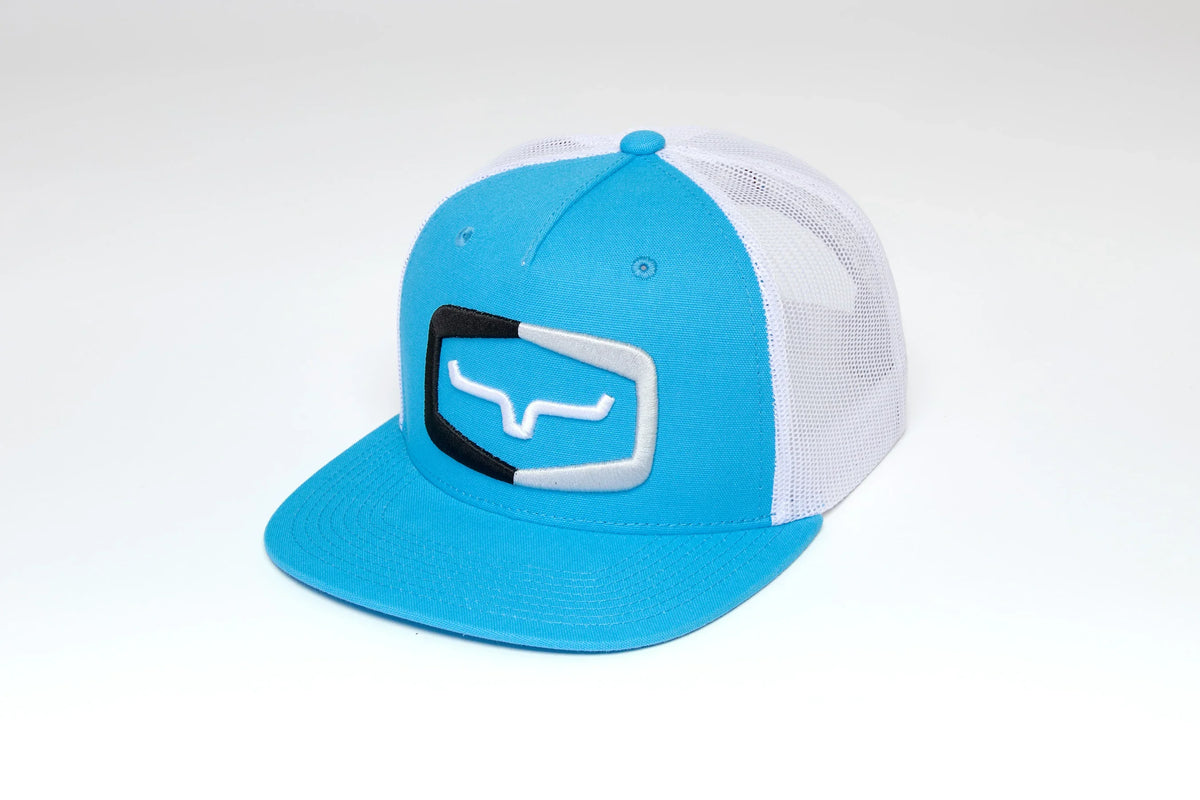 Kimes Ranch Framework hat in Blue with a white mesh back and a stylized steer logo on the front