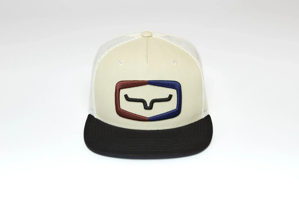 Kimes Ranch Framework hat in Natural with a black brim and embroidered Kimes Ranch logo in red and blue