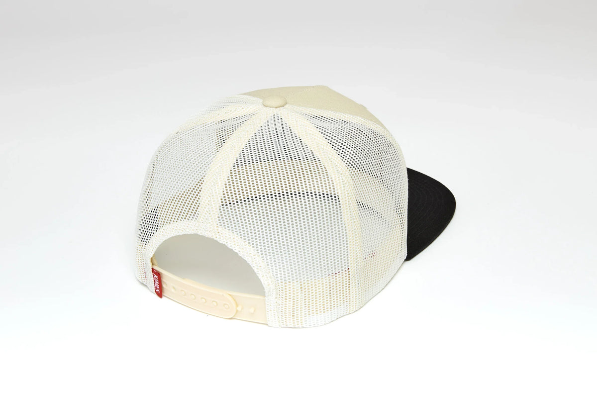 Kimes Ranch Framework hat in Natural, back view, with white mesh back and black brim