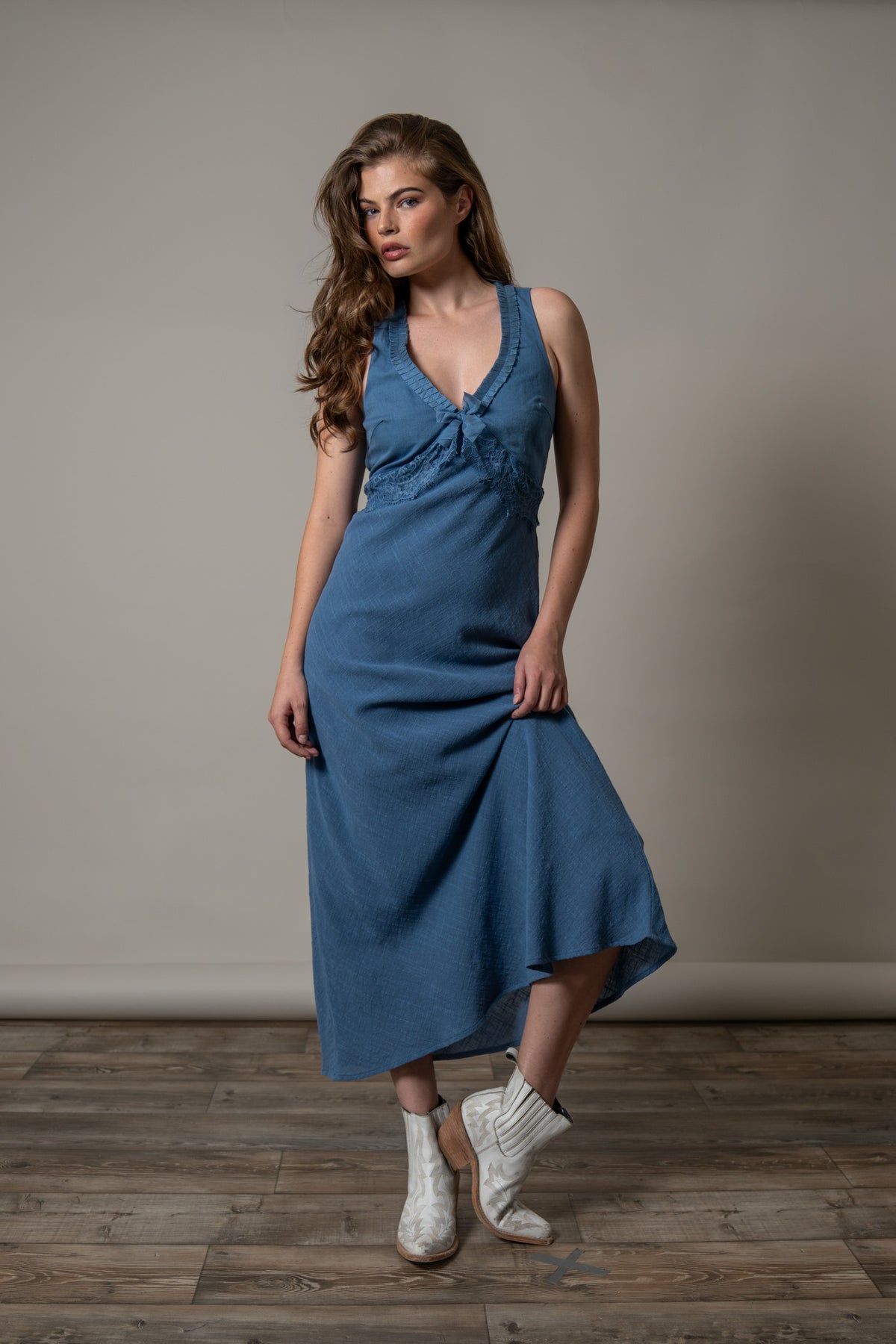 Kimes Ranch Francy Mid Blue sleeveless dress with a V-neckline and a gathered waist detail