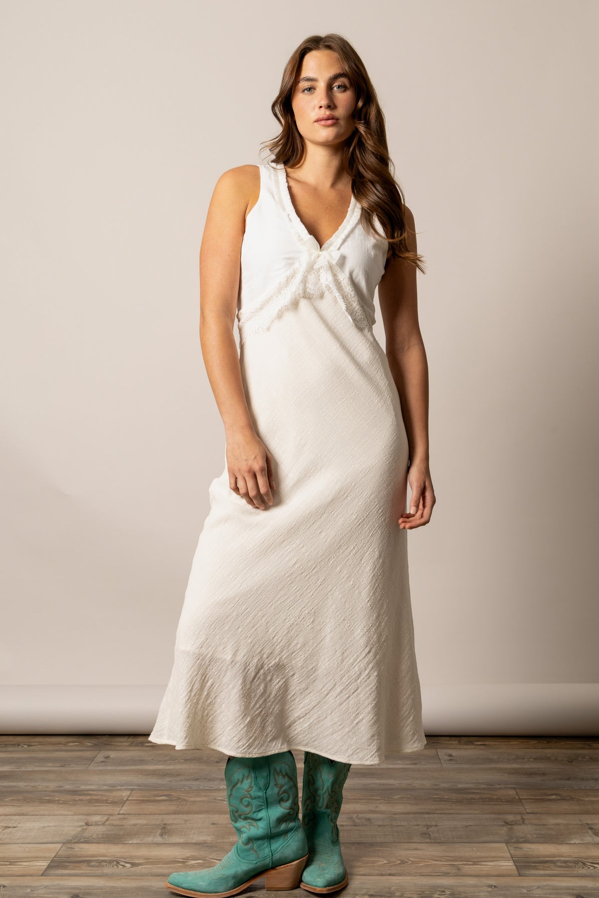 Kimes Ranch Francy Natural sleeveless dress with a V-neck and ruffled detail