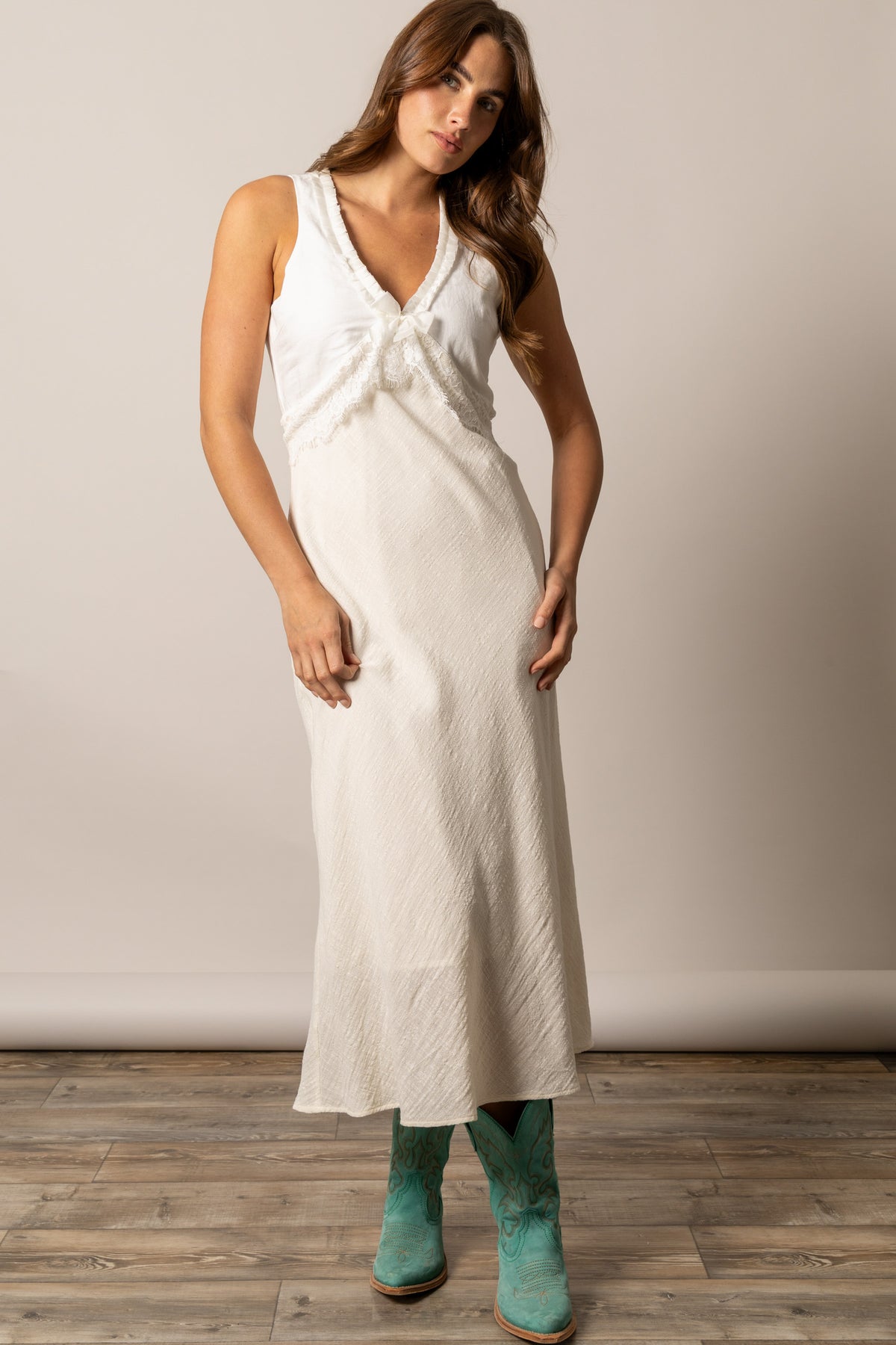 Kimes Ranch Francy Natural sleeveless dress with a V-neck and ruffled trim