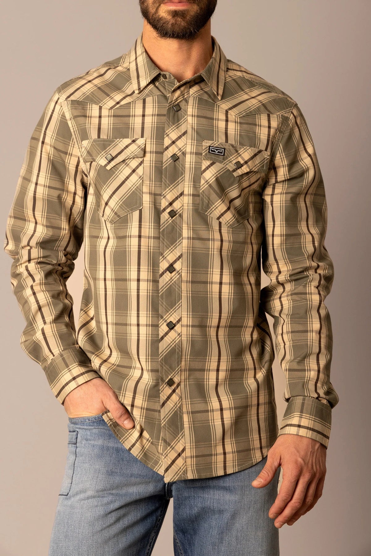 Kimes Ranch Frank dress shirt in Army Green with a plaid pattern and two chest pockets