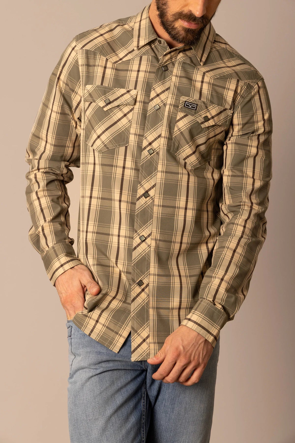 Kimes Ranch Frank dress shirt in Army with a plaid pattern and two chest pockets