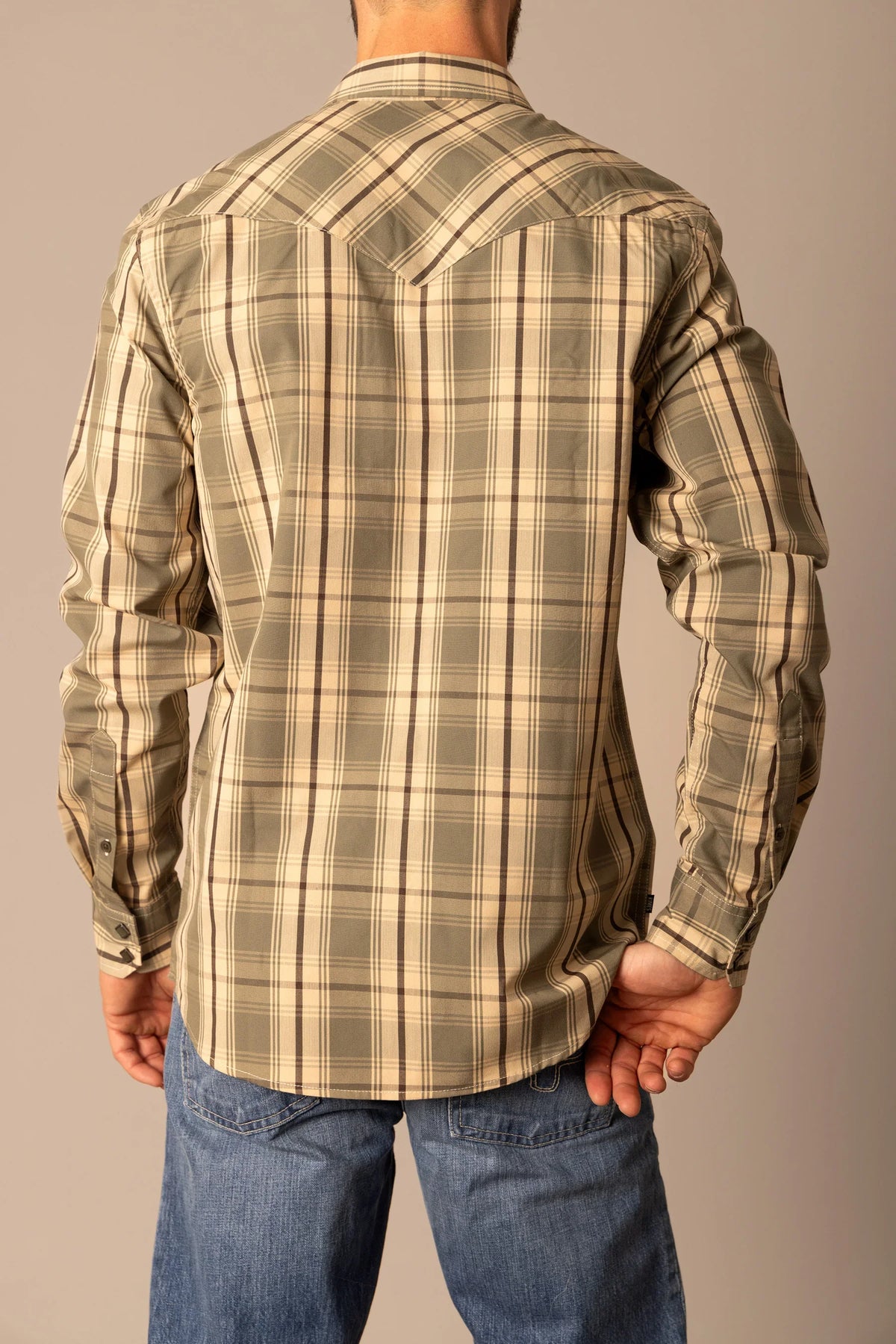 Kimes Ranch Frank dress shirt in Army, back view, plaid with long sleeves and a back yoke