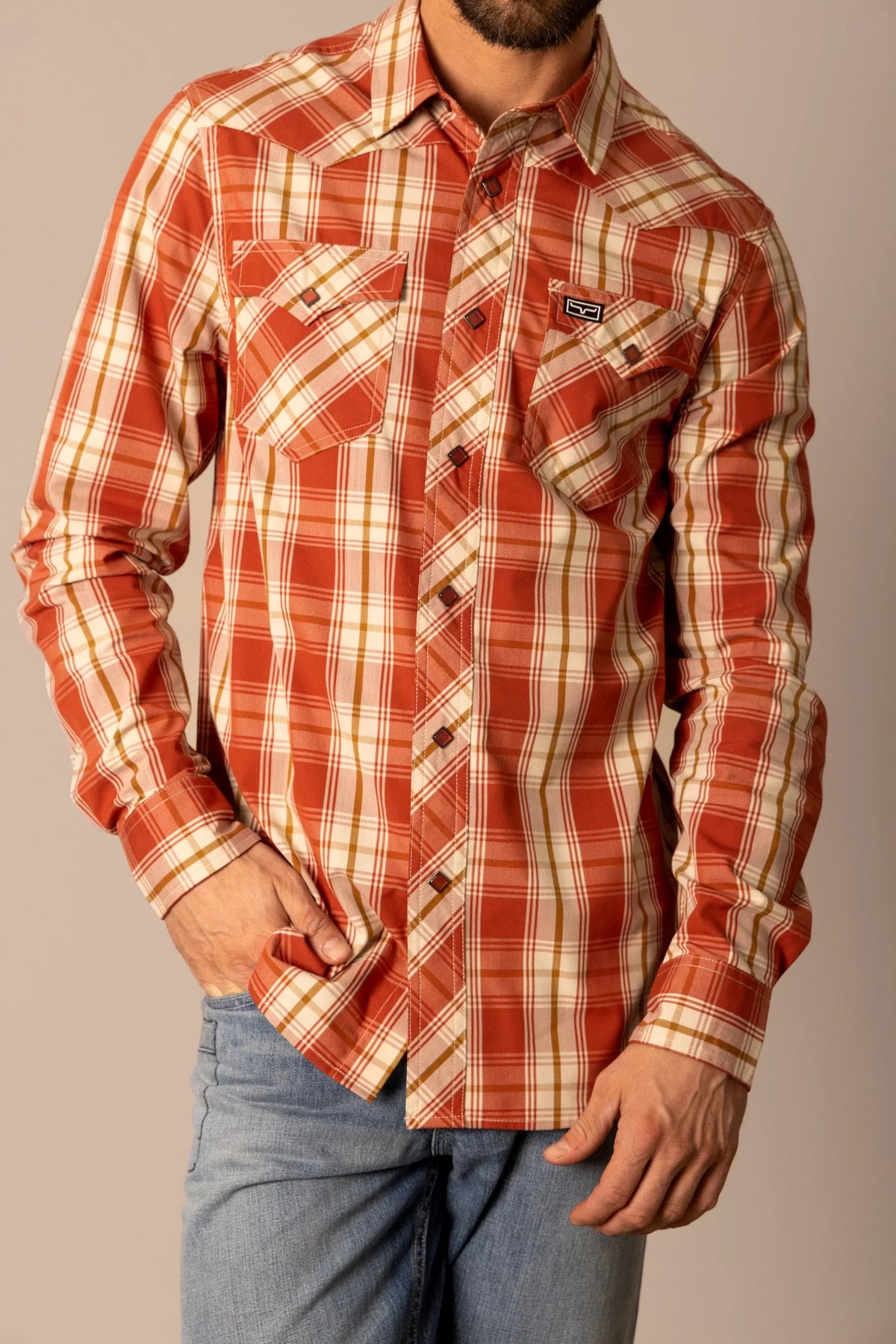 Kimes Ranch Frank dress shirt in Brick Red with a plaid pattern and two chest pockets