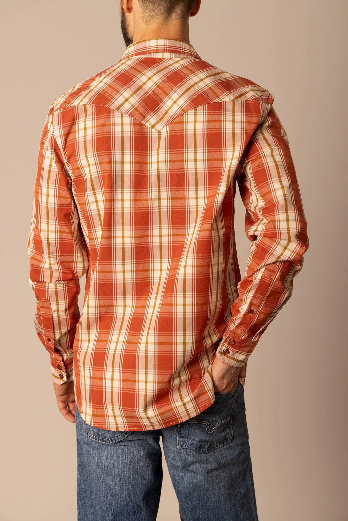 Kimes Ranch Frank dress shirt in Brick Red, back view, with a plaid pattern and a back yoke