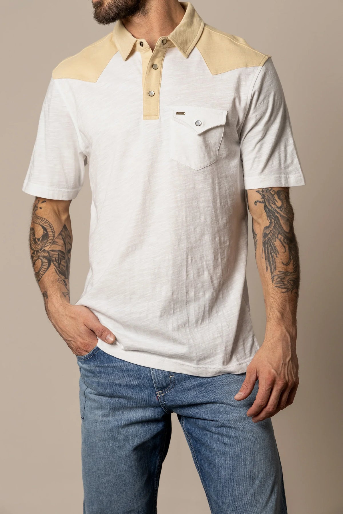 Kimes Ranch G-2 Polo in Natural with a tan yoke and collar, button placket, and chest pocket