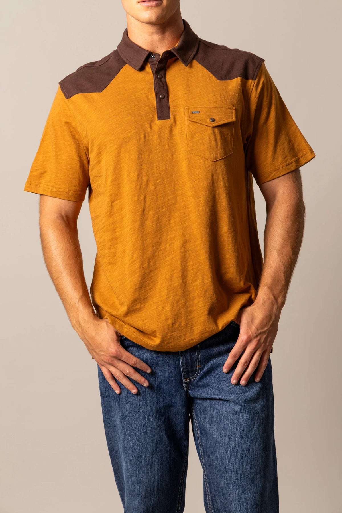 Kimes Ranch G-2 Polo in Work Wear Brown with a contrasting collar and shoulder yoke and a chest pocket