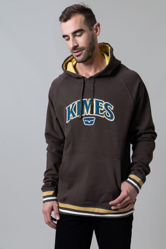 Kimes Ranch Kubo Hoodie in Dark Brown with KIMES graphic and yellow hood lining