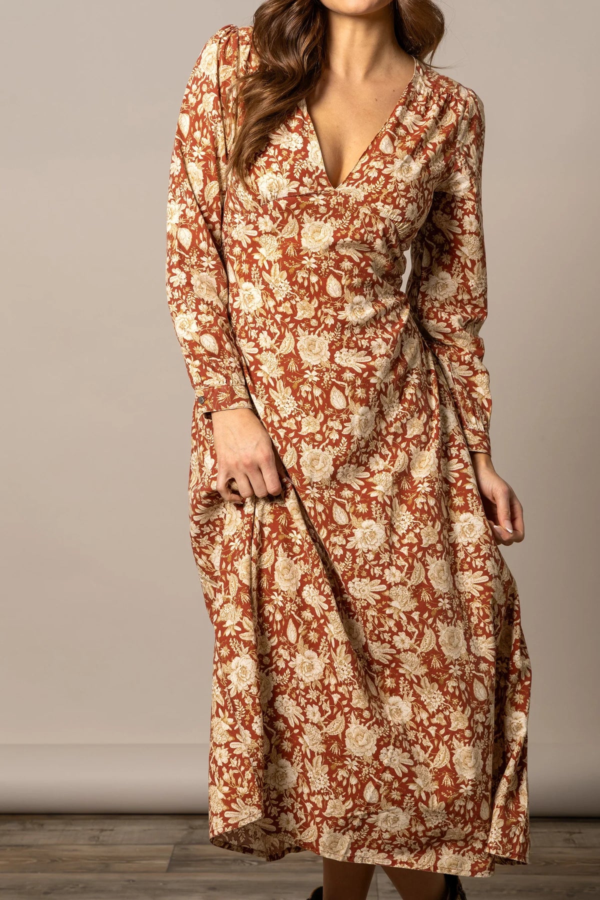 Kimes Ranch Georgia dress in Burnt Red with a floral print and long sleeves; #color_burnt red
